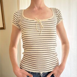 Doen Short Sleeve Pointelle Tee, Cream/Blur Stripe XS